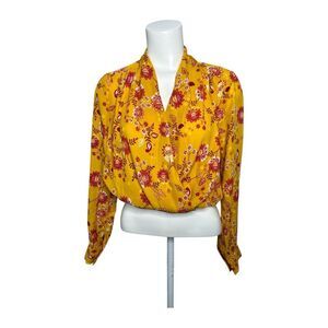 PROJECT 28 NYC Yellow Floral Print Faux‎ Wrap Top S Small Mustard NWT